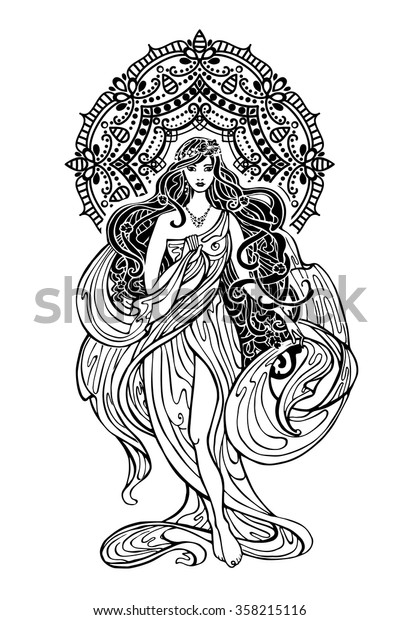 Beautiful Woman Mandala Decorfemalegirl Long Flowing Stock Vector