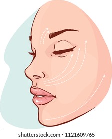 Beautiful woman with marks drawn on her face for plastic cosmetic surgery vector illustration