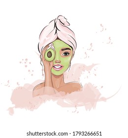 Beautiful woman with a mask on her face with an avocado. Woman with a towel on her head. Cosmetic procedures. Vector