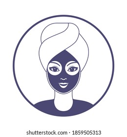 beautiful woman with a mask on her face and a towel on her head in a spa salon. vector illustration