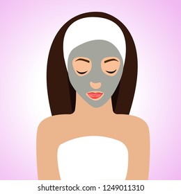 Beautiful woman with mask for perfect skin. Pink background. Vector illustration