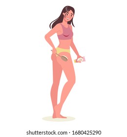 Beautiful woman with massage brush and anti-cellulite cream. Dry brushing to get ride of cellulite on her thighs. Body care and beauty treatment concept. Isolated vector illustration in cartoon style