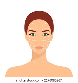 Beautiful woman with massage lines on face and neck isolated on a white background. Instructions for face and neck massage, face-building and lymphatic drainage. Flat vector illustration