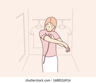 Beautiful woman measuring Arm with tape in dressing room.Hand drawn style vector design illustrations.