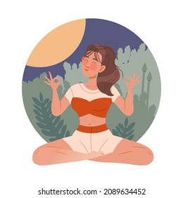 Beautiful woman meditating in Lotus pose against nature background. Girl practicing yoga and breathing exercise cartoon vector illustration