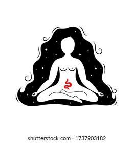 Beautiful  woman meditating in a lotus position on a white background. Vector hand-drawn illustration. Kundalini energy