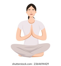 beautiful woman meditating in the morning with namaste pose