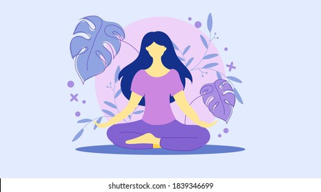 Beautiful woman meditating in purple background. Meditation and yoga concept vector illustration.