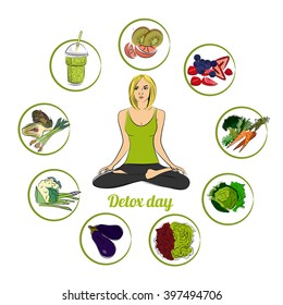 Beautiful woman meditating in yoga lotus posture and juggling vegetarian food. Vector illustration about healthy lifestyle and food.