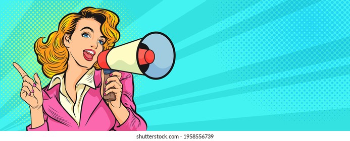 beautiful woman with megaphone pop art retro vector illustration. Woman with loudspeaker. Female announcing discount or sale. Special offer, shopping time, protest or meeting.for banner