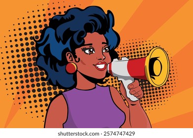 beautiful woman megaphone pop art retro, promotion. vector illustration.