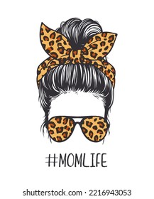 Beautiful woman with messy bun hairstyle, wearing leopard-patterned glasses and ribbon svg