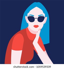 Beautiful woman minimalist portrait with blue and red colors. Girl wearing sunglasses. Vector illustration eps 10.