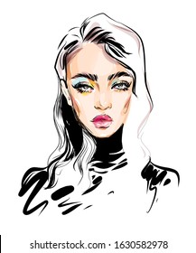 Beautiful woman model face with bright glamour makeup vector portrait on white background. Fashion illustration. Ink, digital watercolor. Beauty & style.