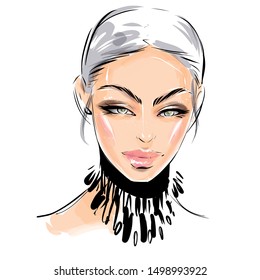 Beautiful woman model face vector sketch. Elegant look. Makeup cosmetics, beauty and style design concept. Fashion illustration.
