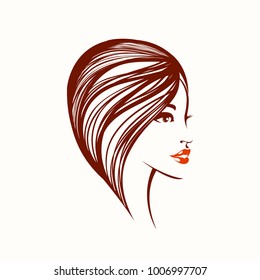 Beautiful woman with modern, bob haircut and bold makeup.Vector icon.