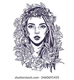 Hermosa mujer monocromo elemento vintage con corona de espinas en la cabeza de la niña mirando hacia fuera de arbusto espinosas rosas Ilustración vectorial