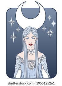 Beautiful woman with moon above her head.  Witch or deity concept. Hand drawn vector illustration