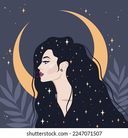 Hermosa mujer y luna detrás. Mujer de cabello largo adornada con estrellas. Ilustración sobre el sueño, noche estrellada, magia, tranquilidad, sosiego, esotérico.