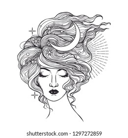 Beautiful woman with the Moon in her hair. Vector hand drawn illustration