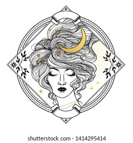 Beautiful woman with the Moon in her hair. Vector hand drawn illustration