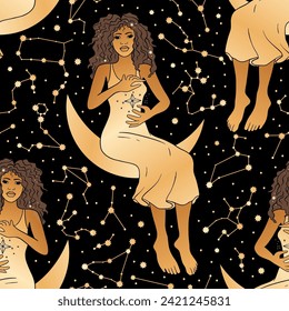 Beautiful Woman With a Moon Magic and Star Constellation Celestial Golden Astrology Seamless Pattern Background.
