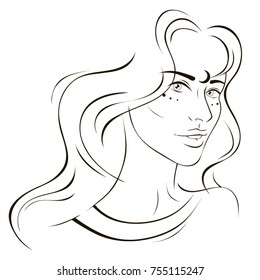 Beautiful woman with a Moon on her face. Black and white drawing.