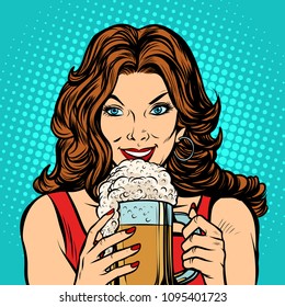 Beautiful woman with a mug of beer. Pop art retro vector illustration kitsch vintage