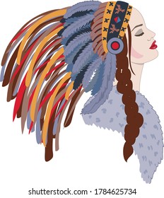 Beautiful woman with national 
headdress flat vector illustration Girl portrait hand-drawn woman