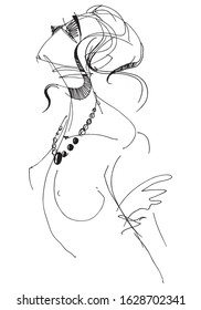 Beautiful woman with necklace and bare breasts. Hairstyle with curls