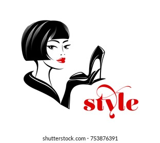 Beautiful woman with nice haircut and makeup, presenting a stiletto shoe. Style and fashion vector icon.