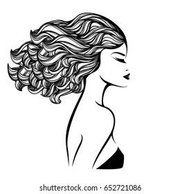 Beautiful woman with nice makeup and curly hair flowing in the wind.Vector icon.