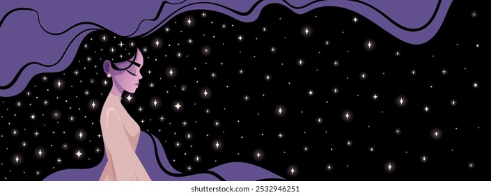 Beautiful woman with night hair decorated with stars. Constellations hair background for astronomy and astrology, sleep concept. Cartoon flat vector illustration