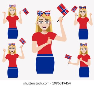 Beautiful woman with the Norwegian flag. A set of fan emotions. Vector illustration in cartoon style.