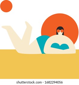 Beautiful woman on the beach abstract modern vector illustration. Trendy cartoon style people. Girl in the hat sunbathes. Summer landscape.