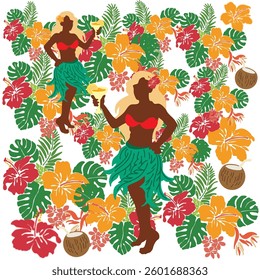 Beautiful woman on Hawaii style pattern for the background.