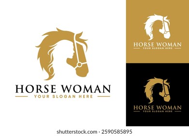 Beautiful Woman on Negative Space Horse Logo, Horse Girl Logo, Horse Woman Logo.