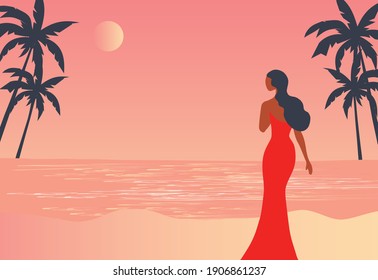 Beautiful woman on red dress looking at beach scene vector illustration.