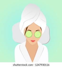 Beautiful woman on spa treatments with cucumber on eyes. Vector illustration 