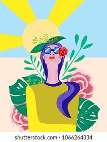 Beautiful woman on sunset with sunglasses and tropical leafs and flowers in the background. Summer adventure and exploration. Fashion illustration.