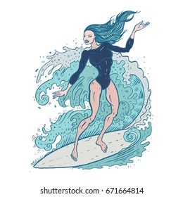 Beautiful woman on surf board. Surfer girl on the wave. Prints for T-shirts. Vector hand drawn illustration. 