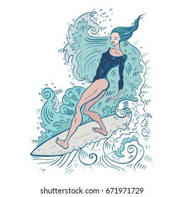 Beautiful woman on surf board. Surfer girl on the wave. Prints for T-shirts. Vector hand drawn illustration. 