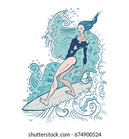 Beautiful woman on surf board. Surfer girl on the wave. Prints for T-shirts. Vector hand drawn illustration. 