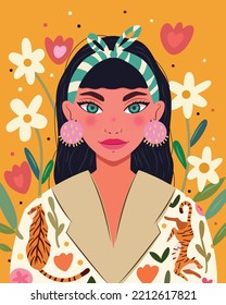 Beautiful woman on vibrant yellow background with floral elements, and tiger jacket. Hand drawn colorful vector illustration svg