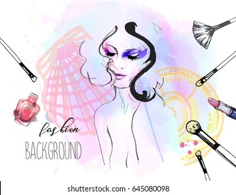 Beautiful woman on watercolor background. Sea concept. Summer fashion illustration. 