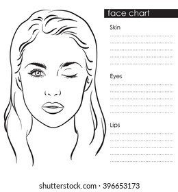 Beautiful woman with one eye closed. Face chart Makeup Artist Blank Template. Vector illustration.