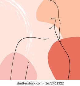 Beautiful woman in one line style with geometric doodle Abstract elements pastel colors. Beauty minimalist style. Simple fashion poster, continuous hand drawing art.