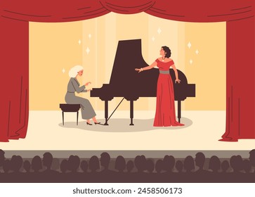 Beautiful woman opera singer in long red dress and musician pianist at piano on scene vector flat illustration. Cartoon concert hall performance. Classical music artist premiere, vocalist concerto