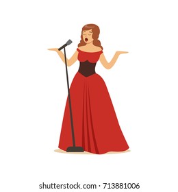 Beautiful woman opera singer in long red dress singing with microphone vector Illustration