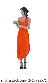 a beautiful woman in an orange dress, who was standing with a flower bucket in her hand on a white background